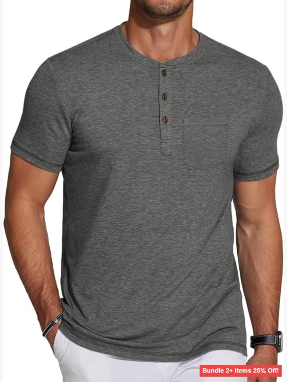 Men's Henley Short Sleeve T-Shirt with Pocket, Regular Fit, Soft Fabric
